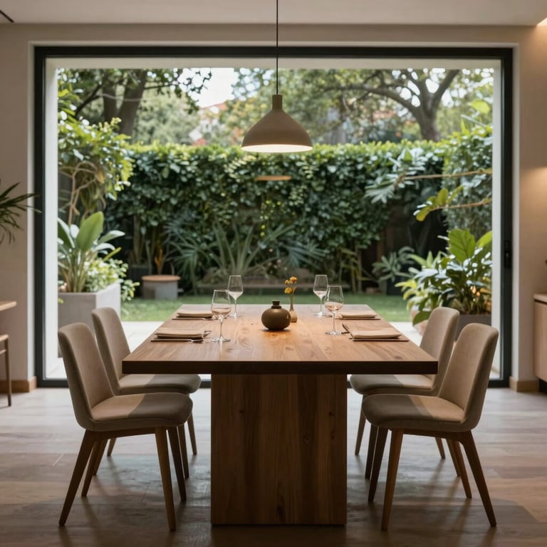 Spacious dining area with a minimalist wooden table, soft lighting, and a view of a lush terrace in Madrid, elegant setting.