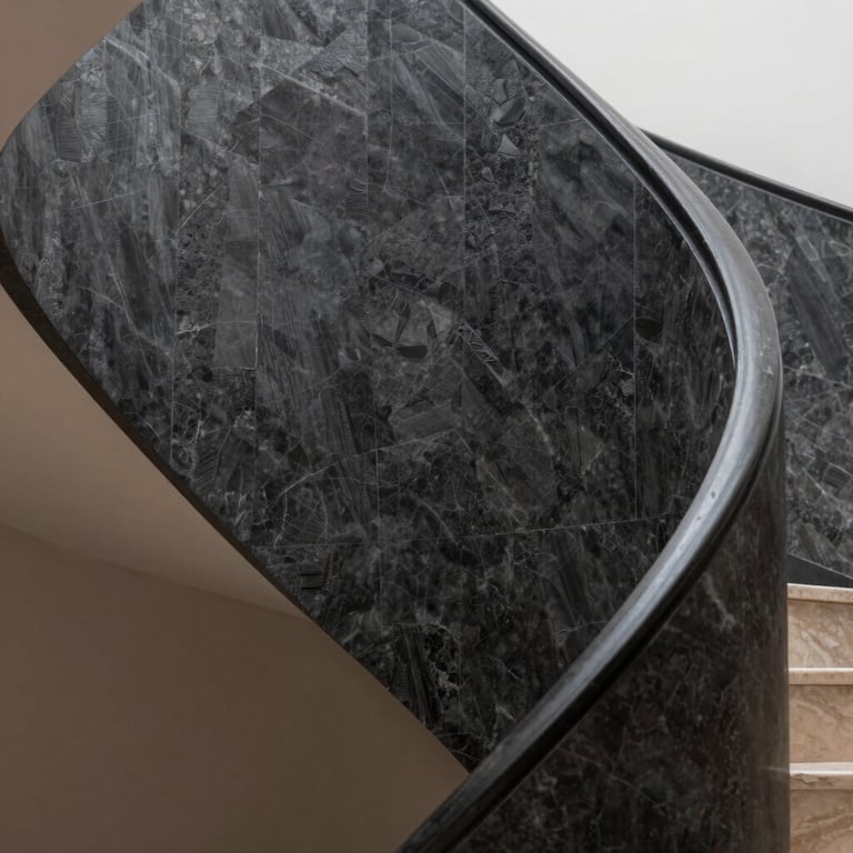 Architectural detail of a bespoke staircase in a high-end Madrid apartment, showcasing meticulous craftsmanship and dark slate textures.