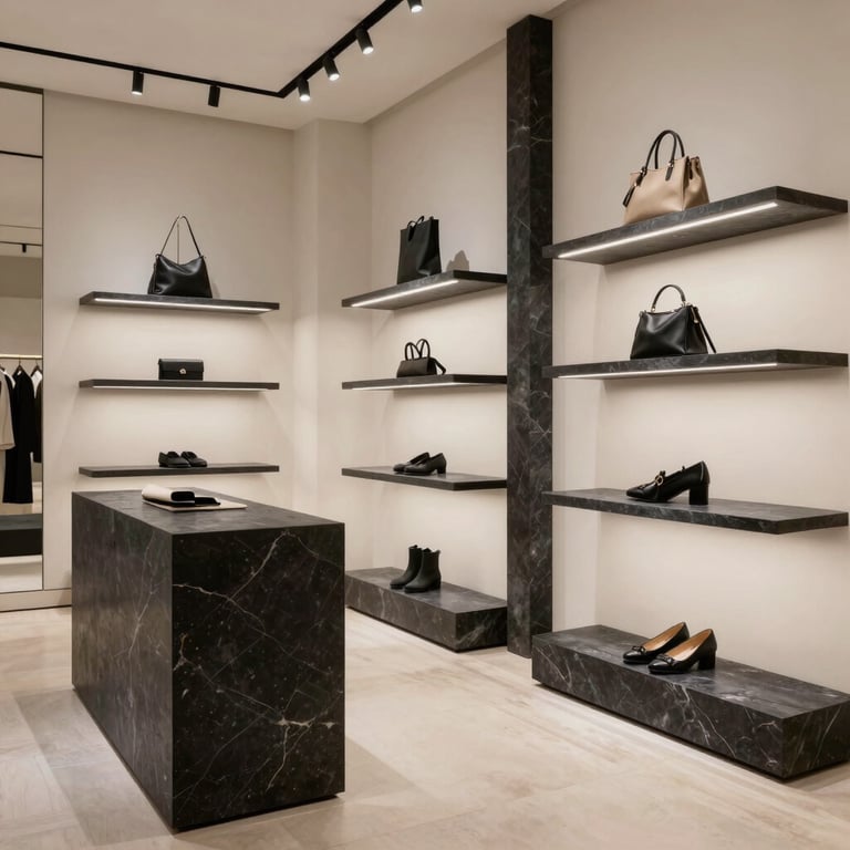 Interior of a designer boutique in Madrid renovated with a sophisticated aesthetic, combining off-white walls and dark slate accents.