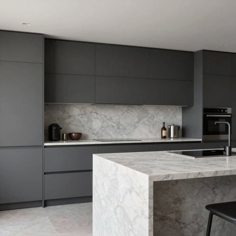 Modern minimalist kitchen in a Southern European / Spanish (Madrid) home, dark slate grey cabinetry, off-white marble island, professional architectural photography.