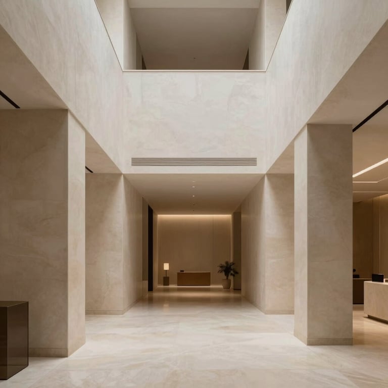 An elegant foyer of a Madrid luxury building, featuring clean lines, minimalist decor, and a neutral palette of warm beige and off-white.