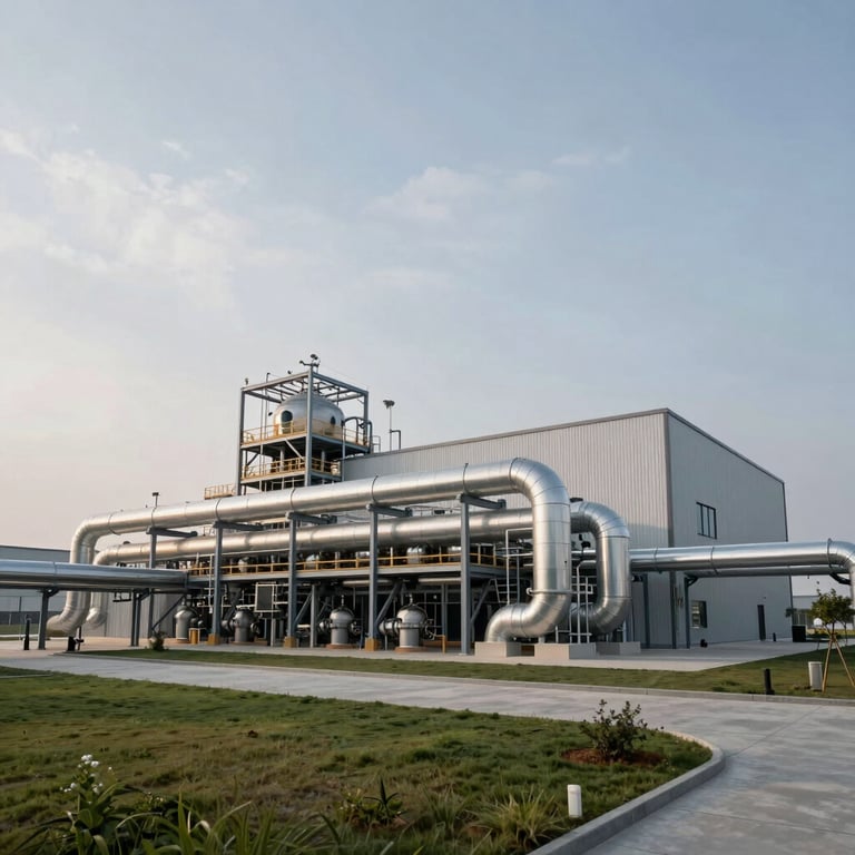 Wide architectural shot of a modern clean-tech resource recovery facility under overcast morning light, showing structured steel conduits and clean integration with surrounding landscape.