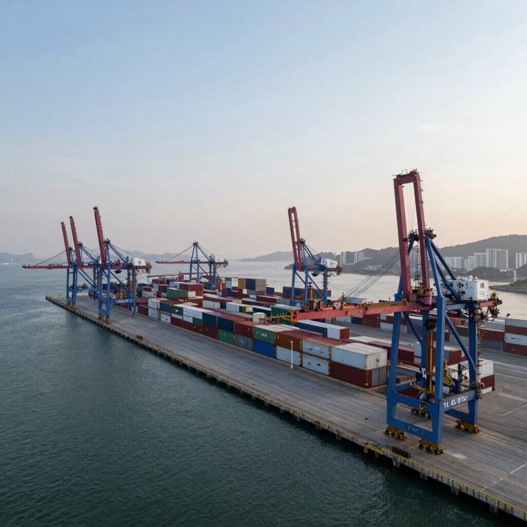 Wide architectural aerial shot of a modern deep-water port at dawn, clean industrial layout, soft overcast morning light highlighting structured cargo terminals.