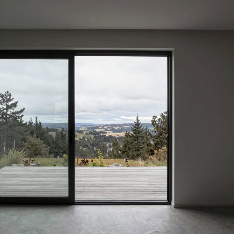Architectural interior view of a minimal villa showing a flush threshold sliding glass door opening directly onto a wooden deck, overcast daylight