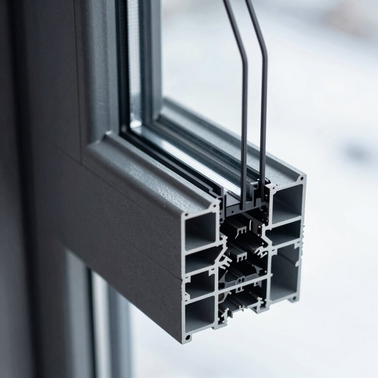Extreme close-up of a sleek, dark grey powder-coated aluminium window profile, showcasing precise joins and triple-glazing edge, cool crisp lighting