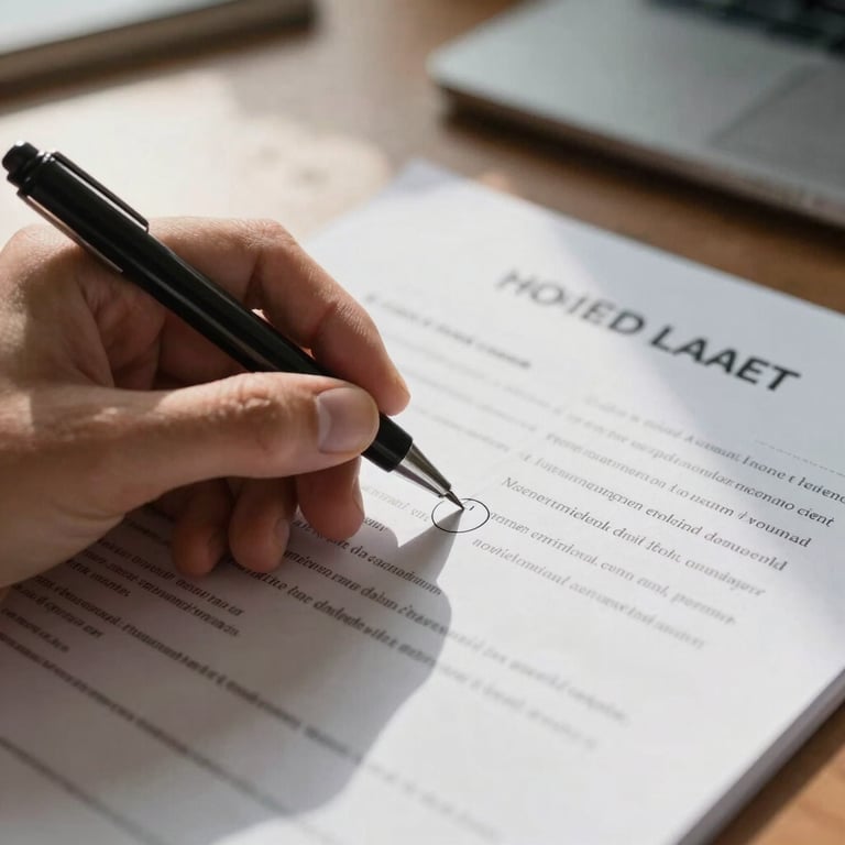 Close-up of a hand annotating a printed lease with a ballpoint pen, circling a clause mid-page, small-business home office desk visible in soft north-facing daylight, true shadows across the paper surface