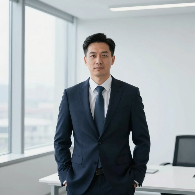 Sophisticated corporate portrait of a male legal consultant in a clean minimalist consulting office, cool natural light, professional attire, 35mm lens