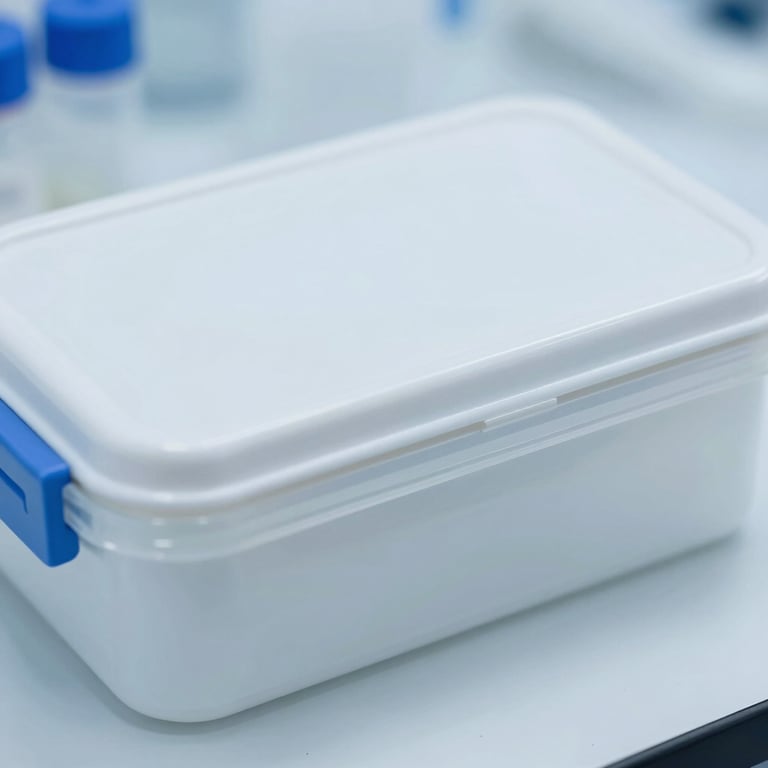 Macro shot of a sterile specimen transport box being sealed in a cool-toned laboratory environment, bright clinical light, 35mm