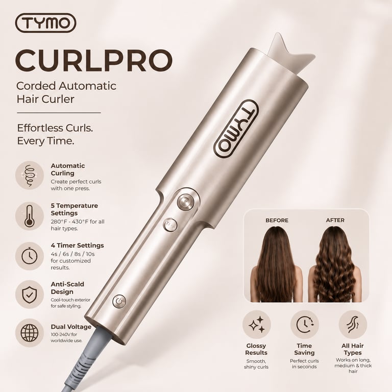 TYMO CurlPro automatic hair curler with features and before-and-after results on a beige background.