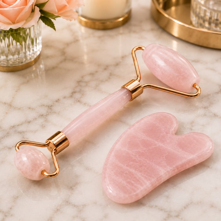 Pink quartz face roller and lymphatic drainage stone on marble counter