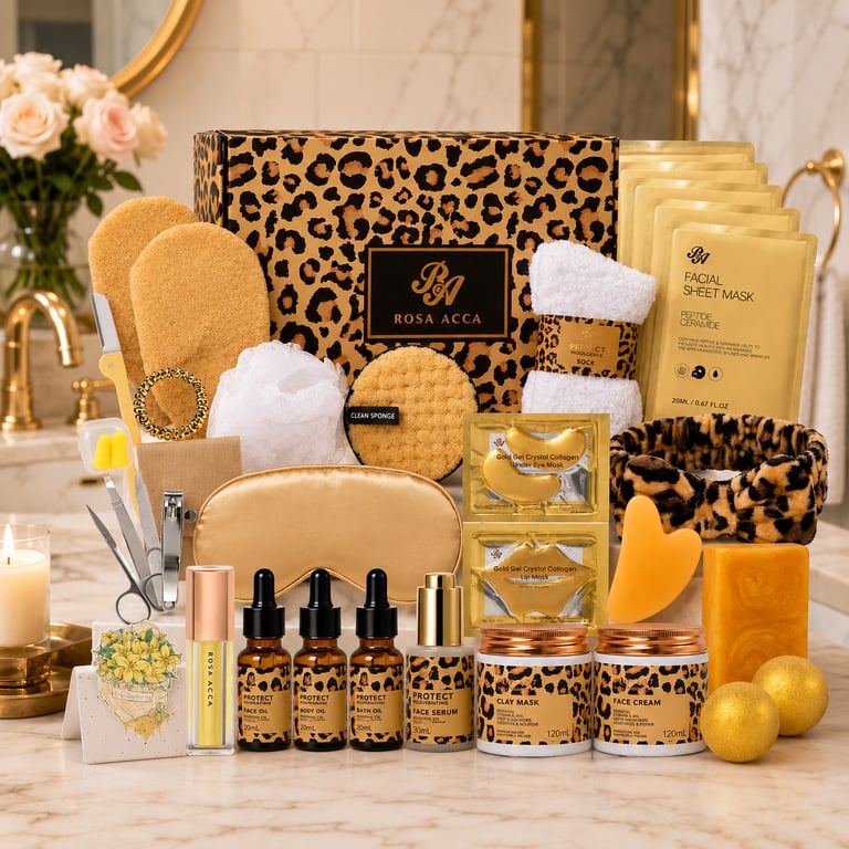 Luxury Rosa Acca leopard-print spa gift set displayed on a marble counter with skincare products