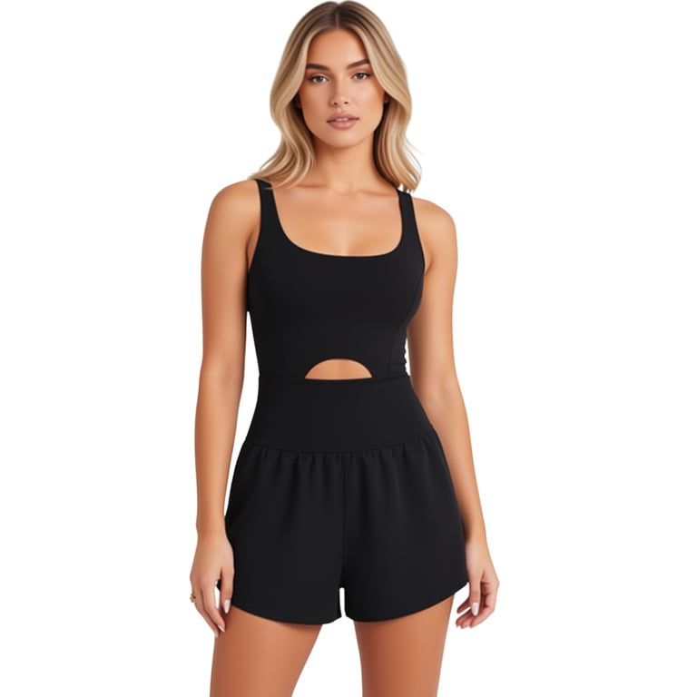 Woman in black athletic romper with cutout waist detail on white background