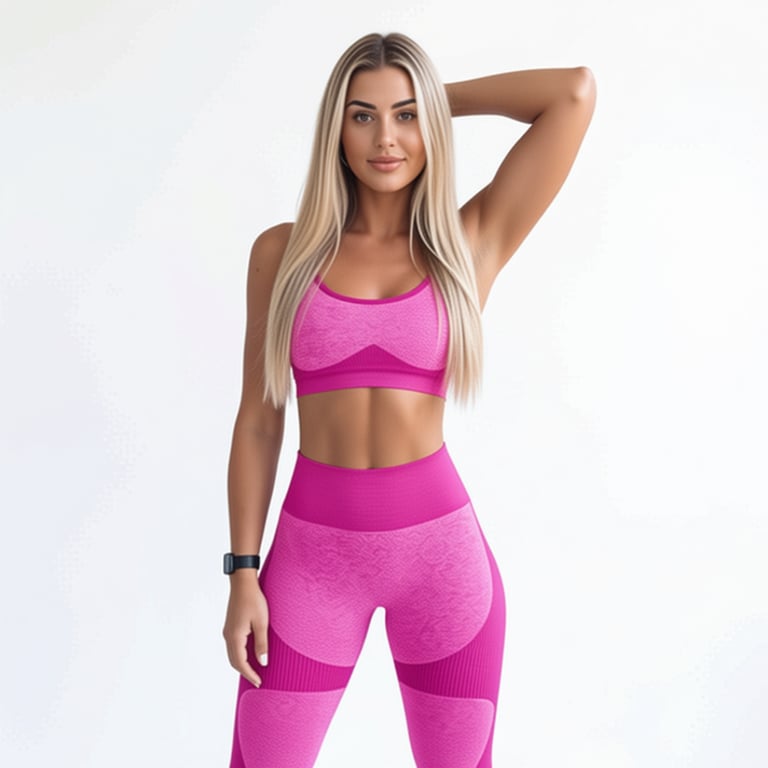 Woman modeling a hot pink seamless sports bra and high-waisted leggings set against white background