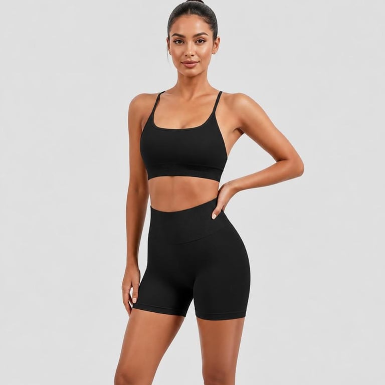 Woman wearing a matching black sports bra and high-waisted biker shorts with a light gray background