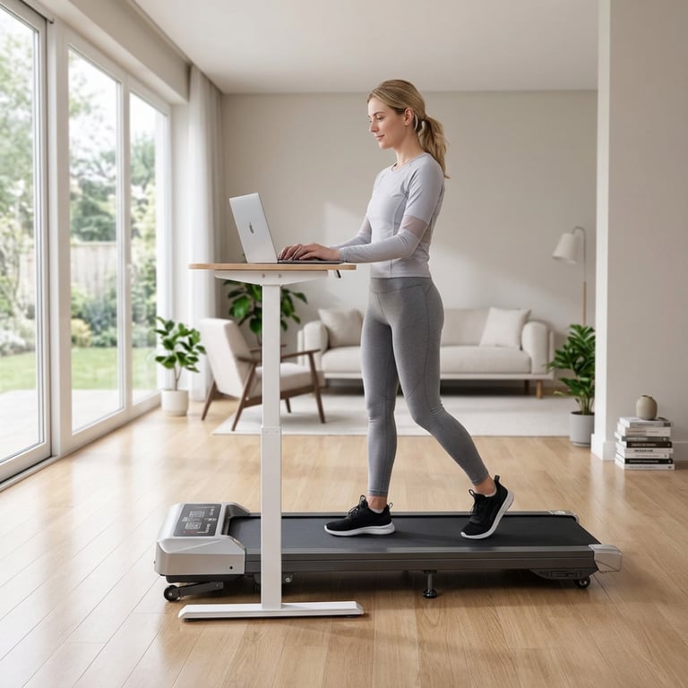 Woman walking on a treadmill while working on a laptop at a standing desk.