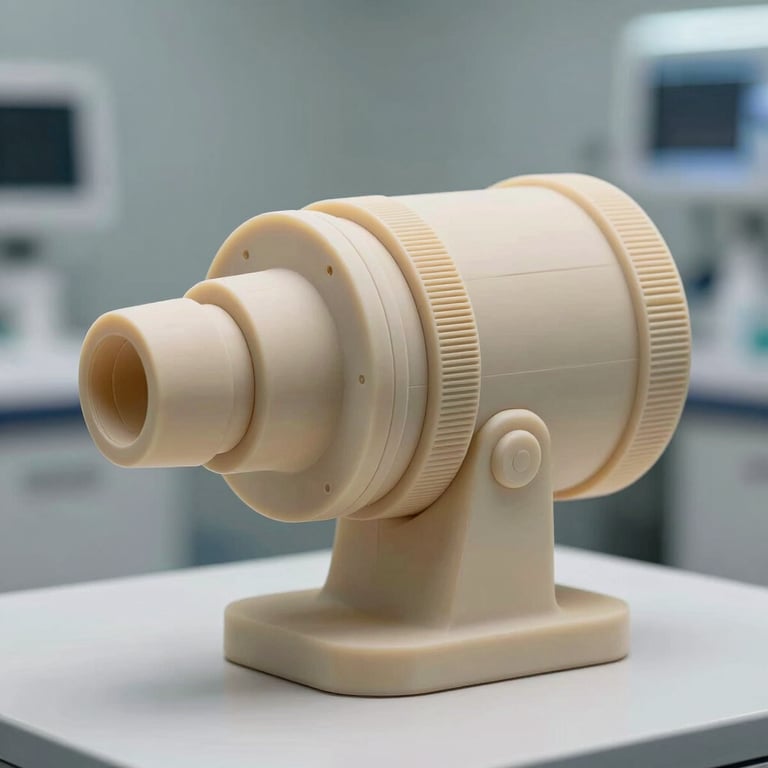 Precision 3D model of a medical device prototype, presented with clean, sterile lighting in a professional North American / International setting.