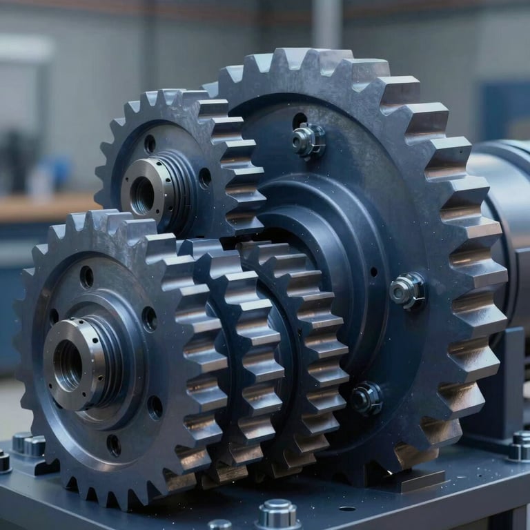 An exploded view of a 3D industrial machine assembly, showing every bolt and gear with Cool Mist highlights and Deep Navy shadows.