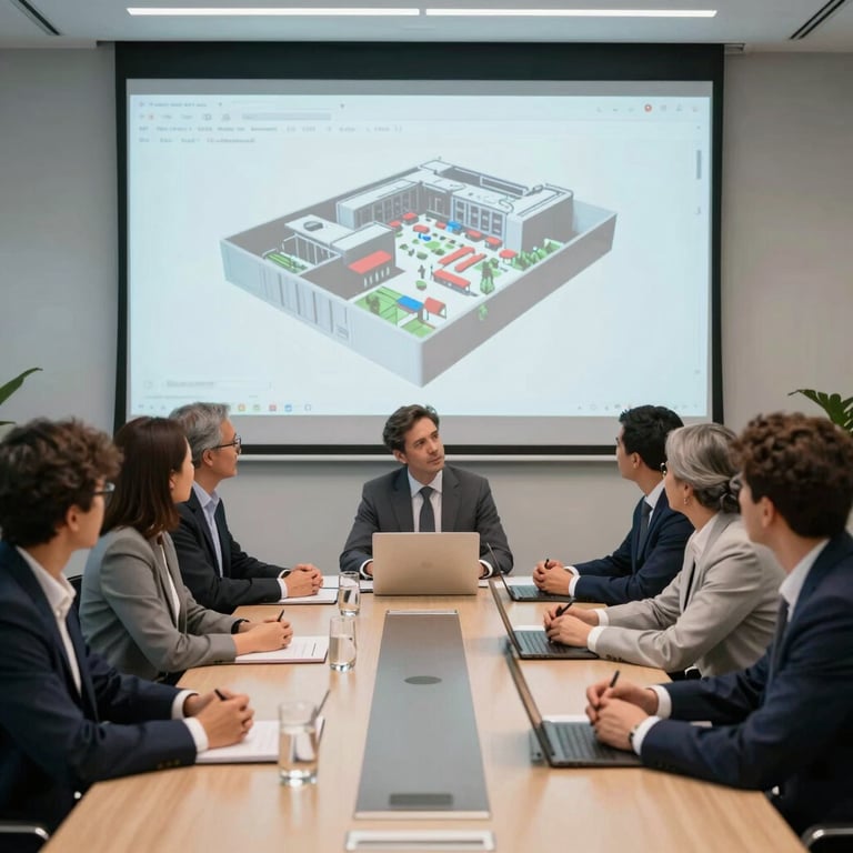 A group of diverse professionals reviewing a 3D projection in a sleek North American / International corporate boardroom.