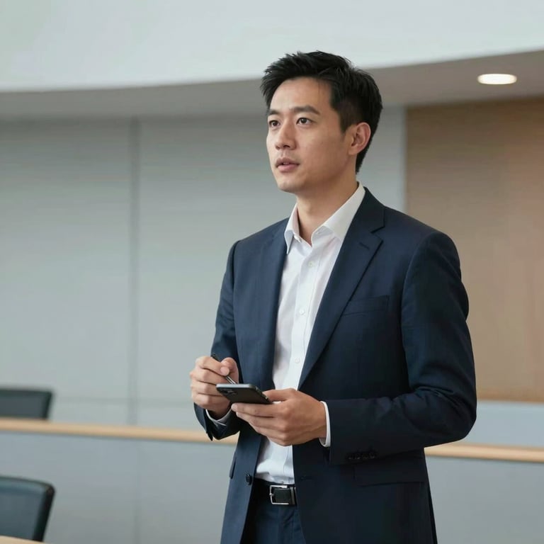 A professional in business attire preparing for a public speaking event, personal branding context, modern auditorium background, light grey and navy.