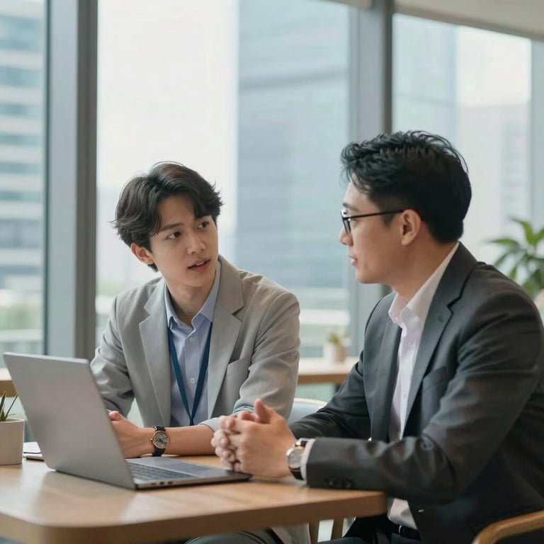 A career coach and a young professional discussing growth strategies in a modern Jakarta skyscraper cafe, clean and bright aesthetic, light grey and pale blue.