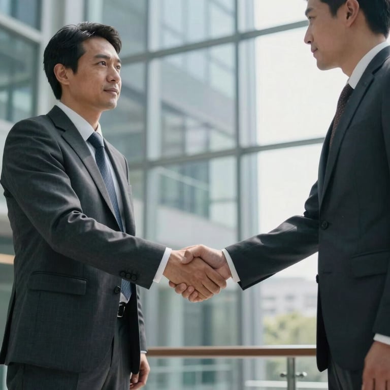 A professional handshake between two executives in a modern glass-walled office, reflecting successful business consultation, soft natural light.