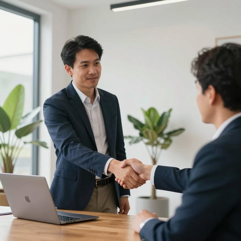 A medium shot of a Southeast Asian male consultant in a business casual navy blazer shaking hands with a client in a bright, modern meeting room. Professional setting with soft natural light coming from large windows. Minimalist decor with plants and a laptop on a wooden table.