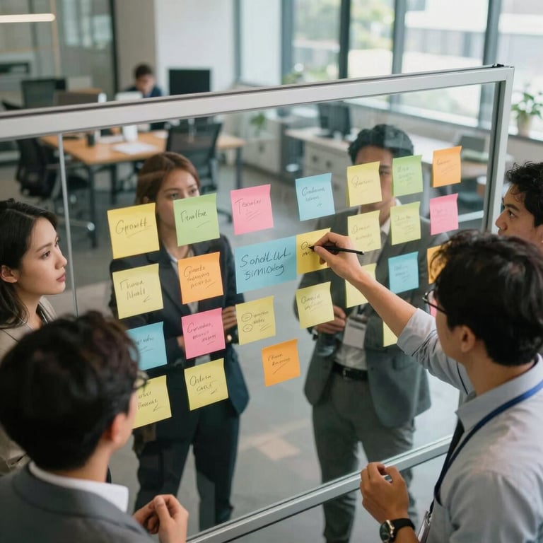 An overhead view of a team brainstorming growth strategies with colorful notes on a glass board, modern office in Indonesia, energetic and professional.