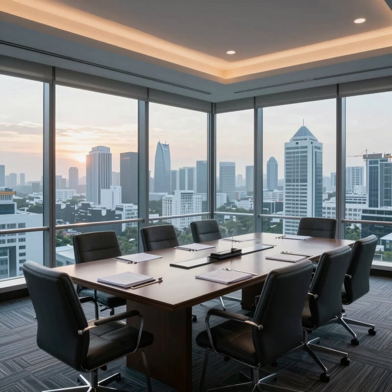A luxurious corporate meeting room overlooking the city of Jakarta at sunrise, symbolizing vision and success, professional photography, pale blue tones.