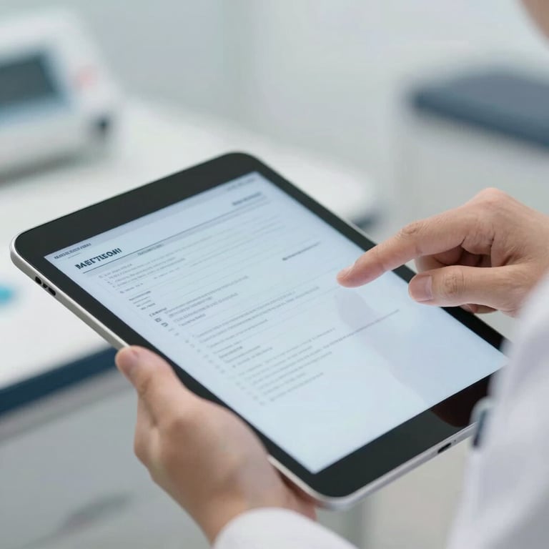 Close-up of a professional doctor's hand holding a digital tablet with a medical chart, bright and clear lighting.