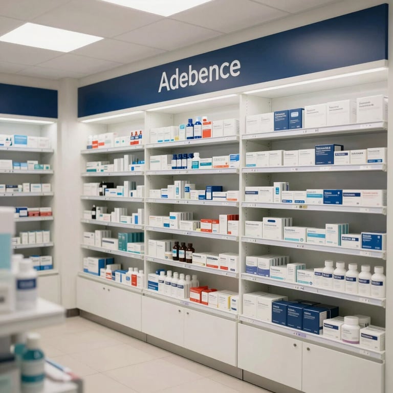 A high-tech pharmacy interior with organized shelves and bright, clean Navy Blue and Off-White branding.