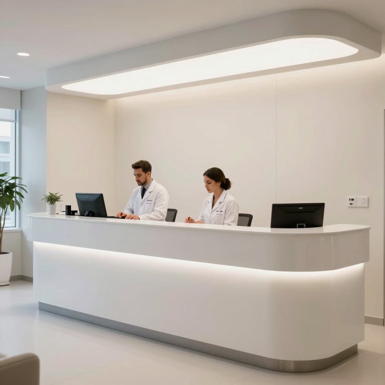A modern medical clinic reception area in Istanbul, featuring clean lines, Off-White walls, and professional staff, Middle Eastern / Turkish setting.