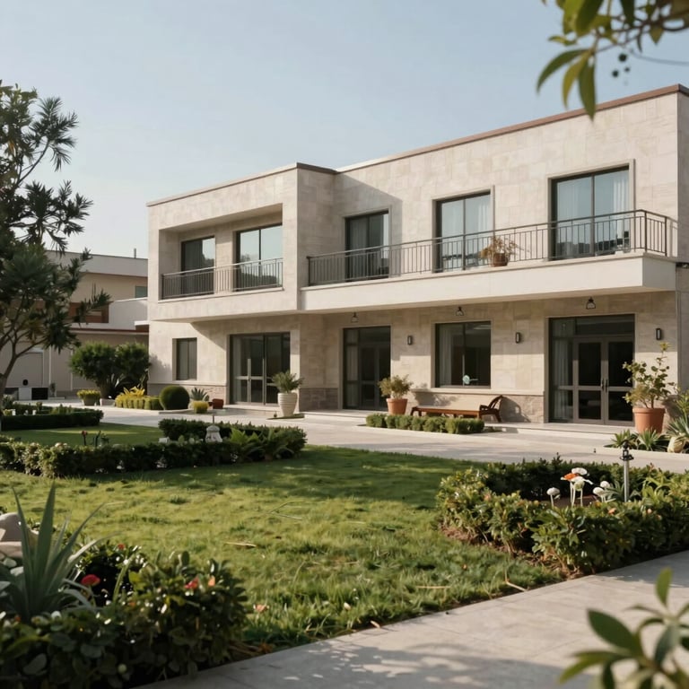 A peaceful garden outside a contemporary private hospital, reflecting a serene and healing environment, Middle Eastern / Turkish style.