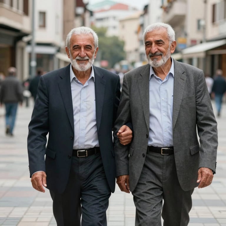 A smiling Middle Eastern / Turkish elderly couple walking confidently in a city plaza, representing healthy aging and security.