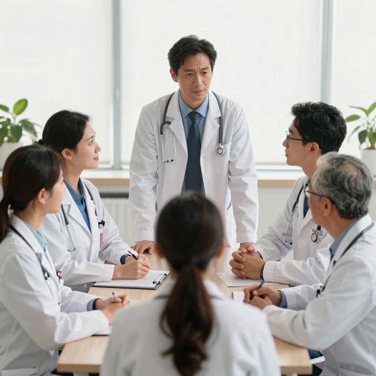 A diverse group of healthcare professionals in a meeting, wearing professional attire and white coats, soft natural light.