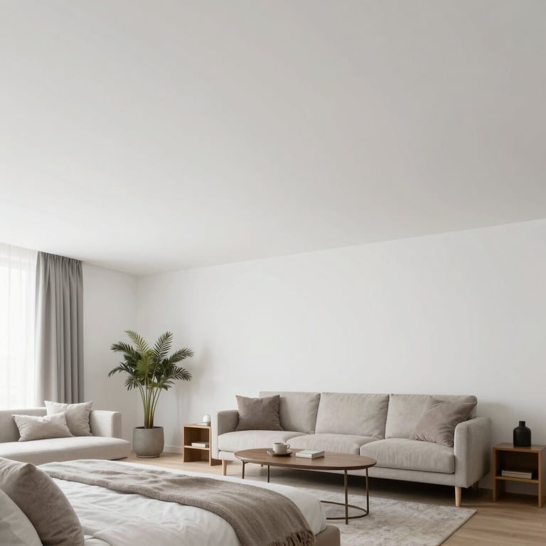 A dark-toned ceiling with a bright circular blue LED light fixture.