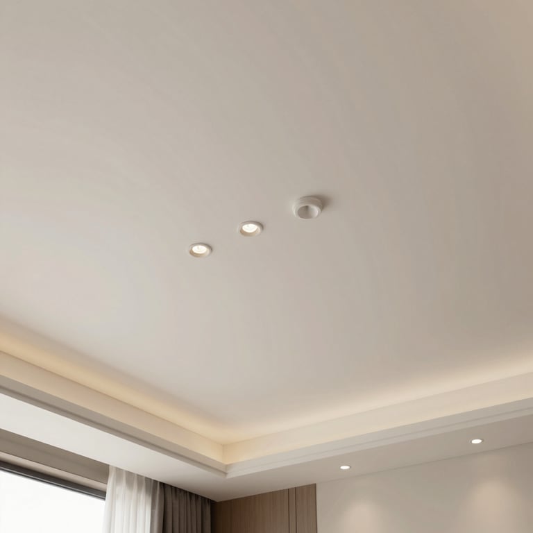A white textured ceiling with modern 3D geometric square patterns and subtle lighting.