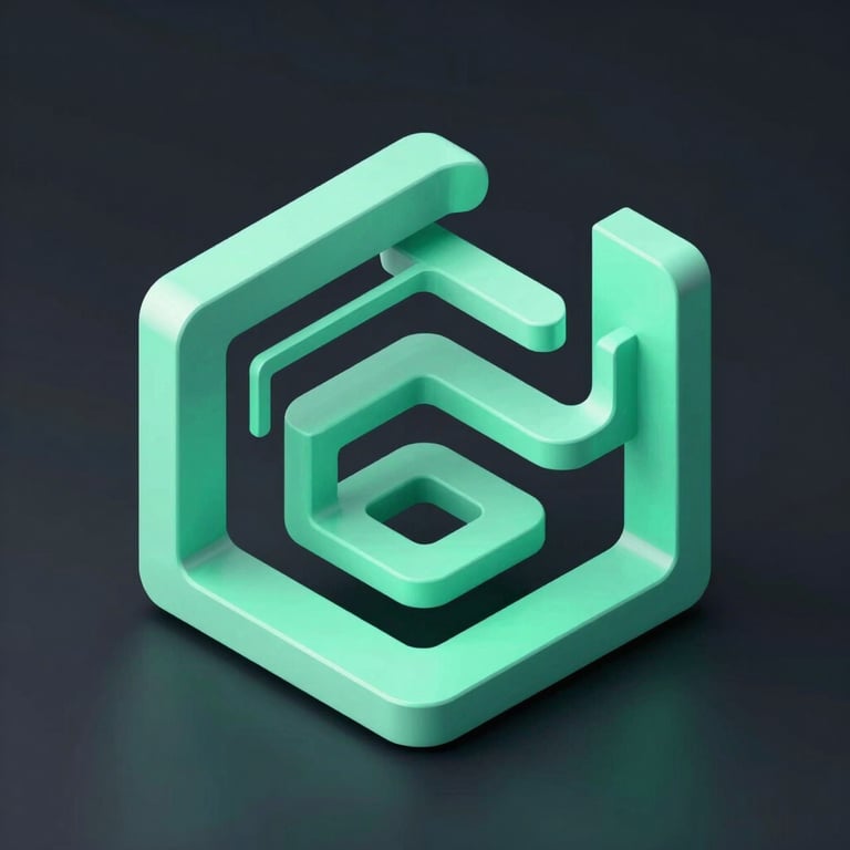 Sleek 3D abstract geometric shapes representing data flow and clean code compilation, dark moody background, sharp neon mint accents, crisp studio lighting