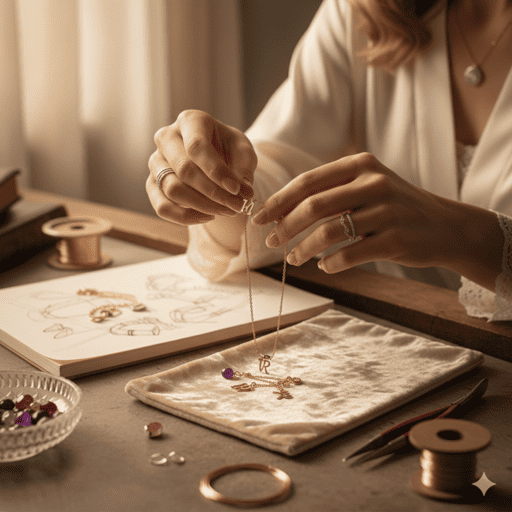Diseñadora de joyas elaborando un collar personalizad de oro en un taller 