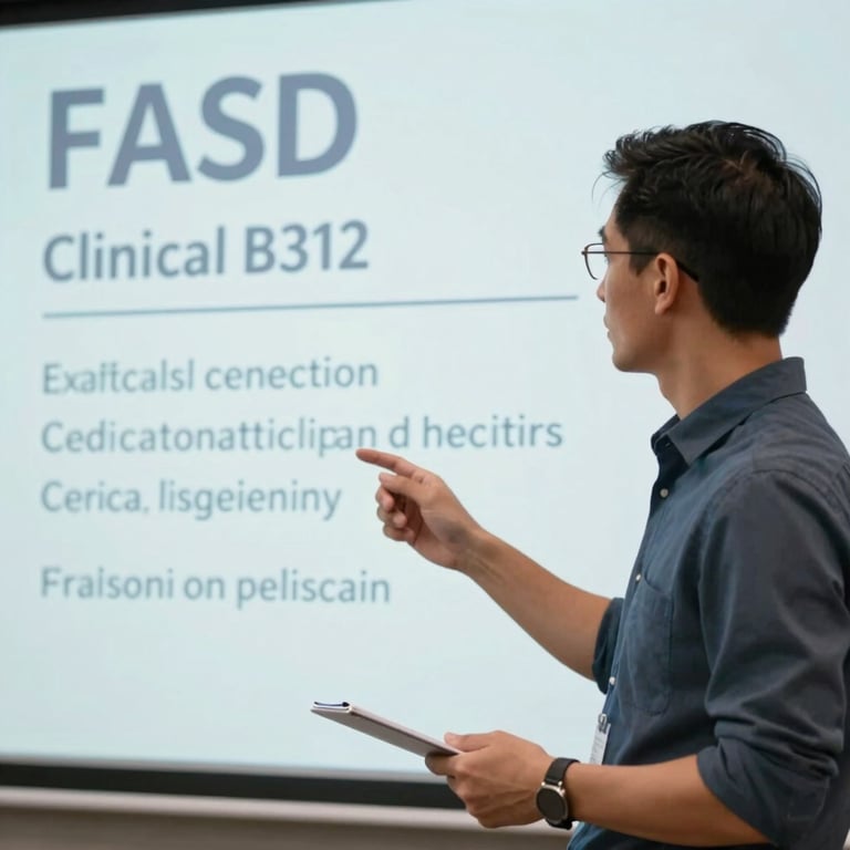 A close-up of a professional trainer in a seminar about FASD, presenting clear, structured clinical data on a screen in #1A2B3C.