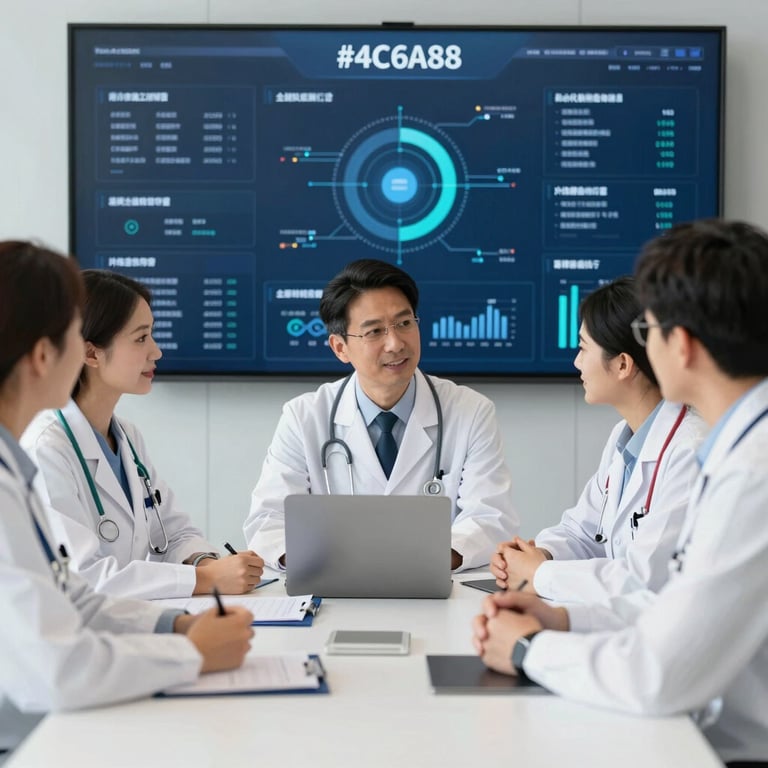 A group of healthcare managers in a collaborative meeting room, looking at a digital health dashboard featuring #4C6A89 accents.