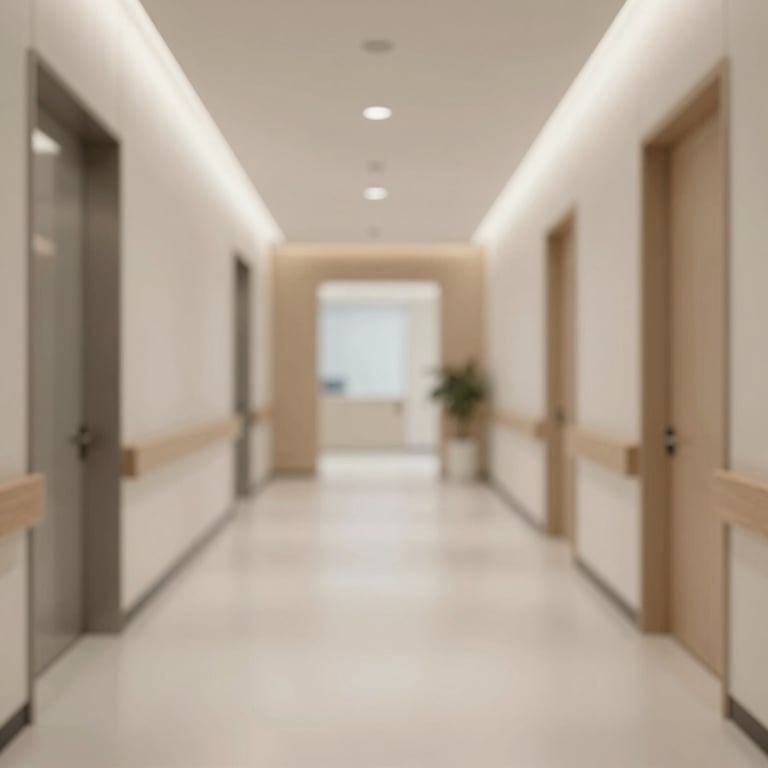 A wide shot of a clean, sophisticated modern clinic hallway with soft lighting and a structured architectural design.