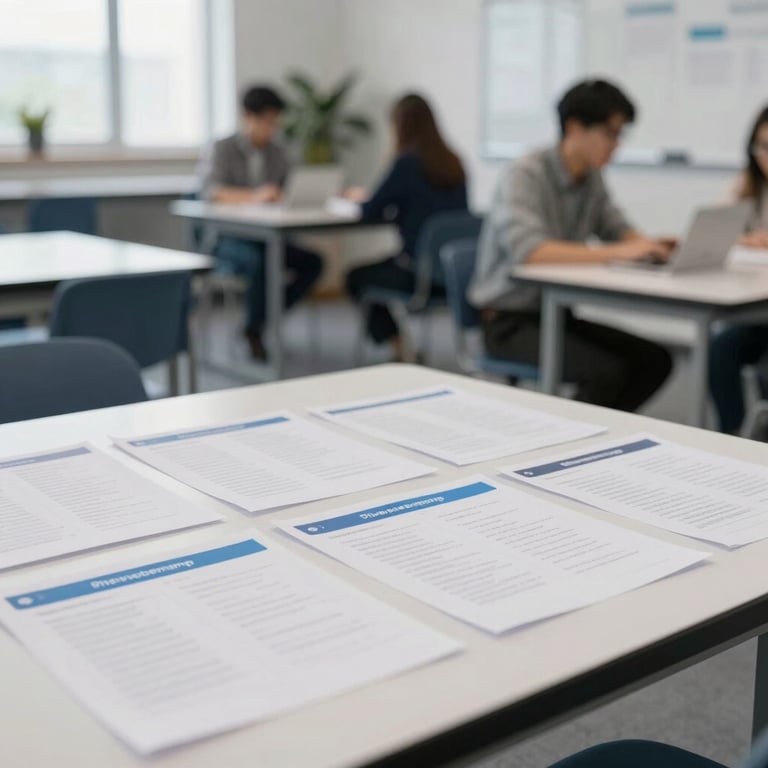 Professional development workshop materials neatly organized on a table in a bright, modern learning facility.