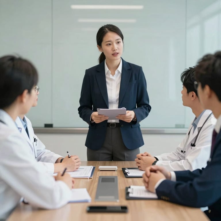 An expert consultant providing advice to a small group of public health officials in a professional board room.