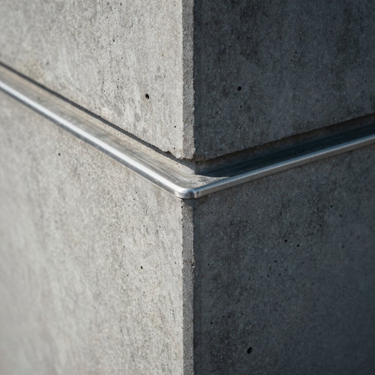 Tight macro crop of architectural concrete lines meeting a brushed steel edge, cool diffused daylight, high-contrast shadows.
