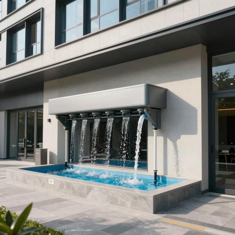 A clean, contemporary commercial building featuring integrated sustainable water treatment systems.
