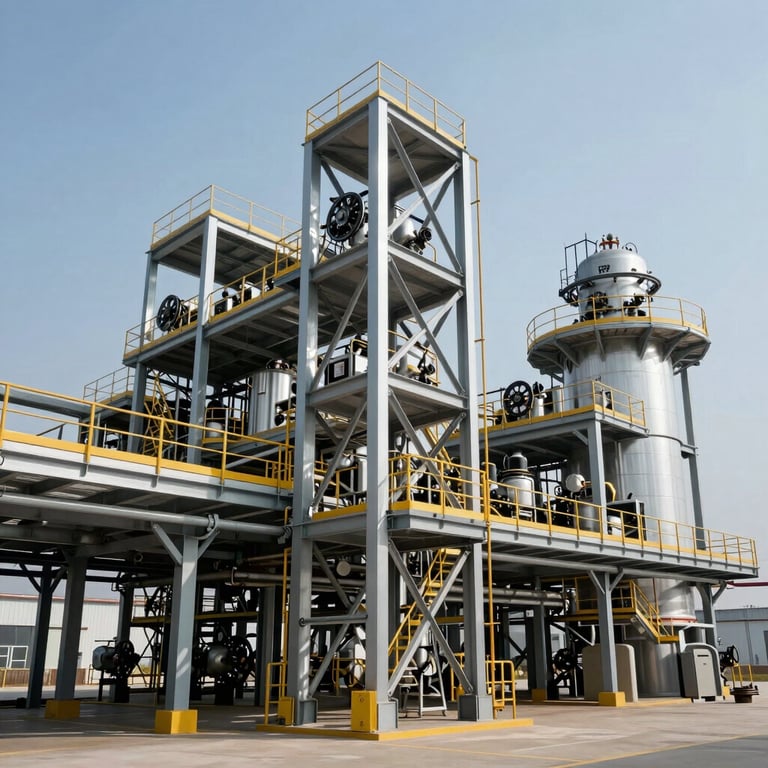 A wide shot of a modern industrial STP installation with gleaming steel structures in a North American setting.