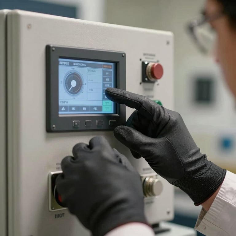 Close-up of a technician's gloved hand adjusting a digital control panel on an HTP system, professional lighting.