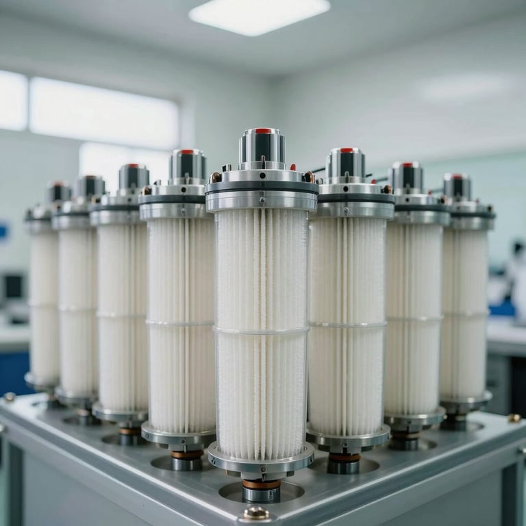 Precision-engineered filtration units arranged in a geometric row within a bright facility.