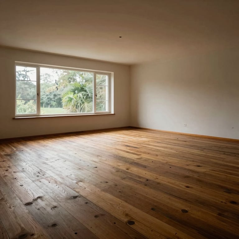 A wide, flat-on architectural shot of an intimate mid-century living room, natural light pouring in from a low window, highlighting the subtle wear on original oak floorboards.