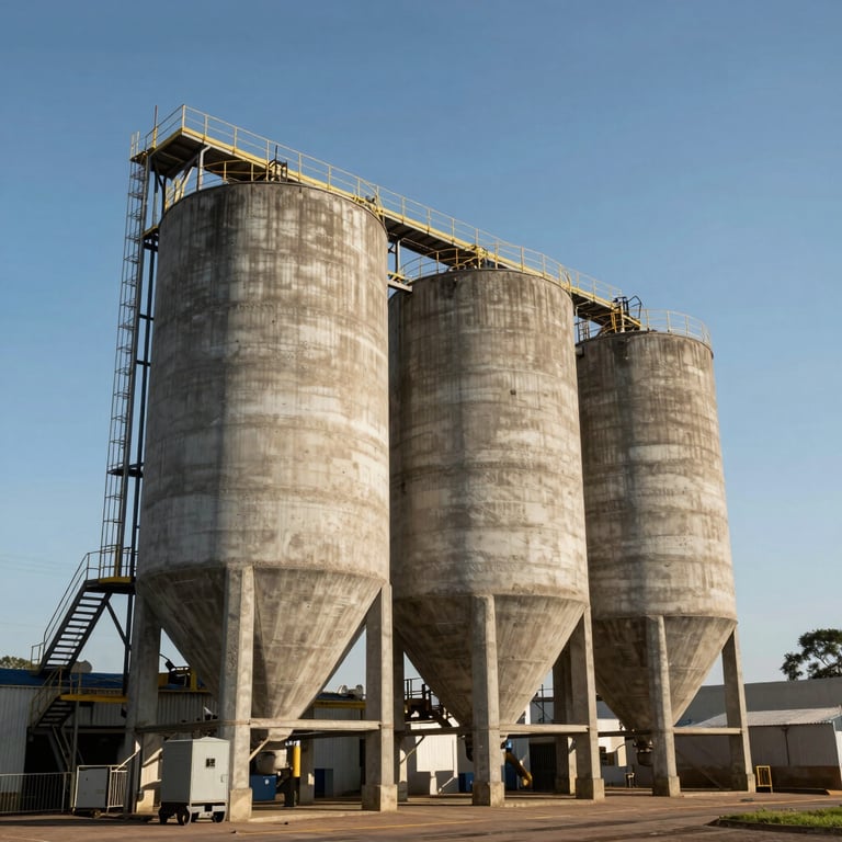 A large industrial concrete plant with silos against a clear sky in South America / Brazil.